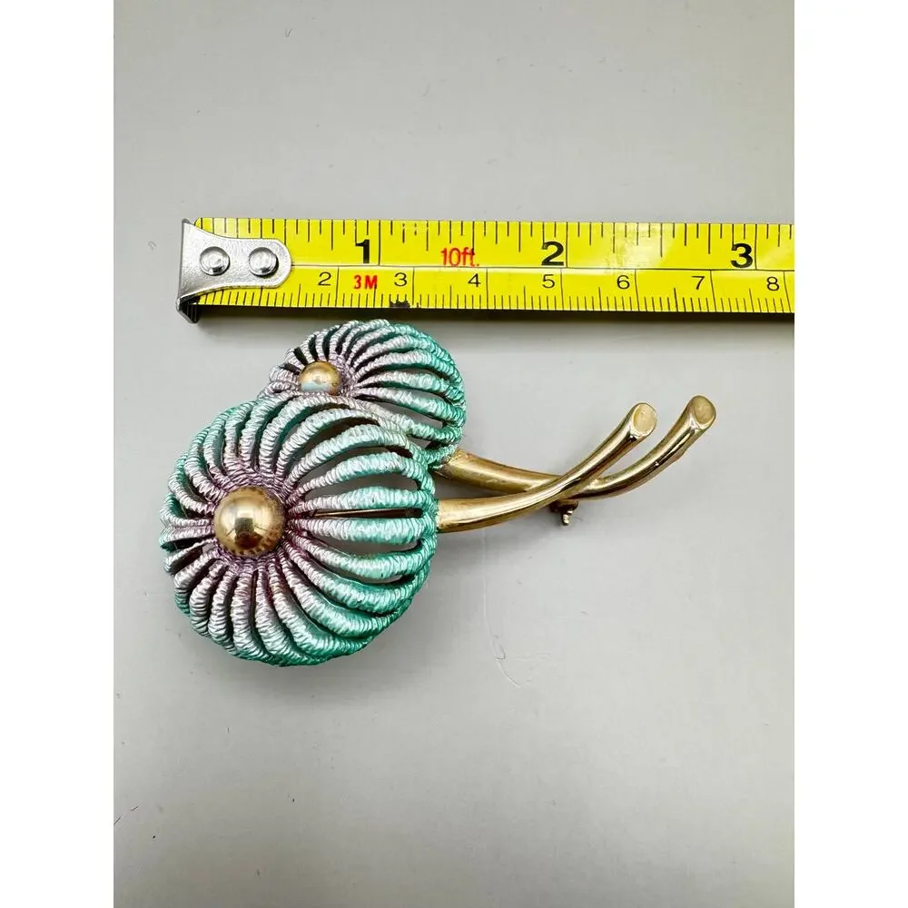 Vintage Enameled Teal and Purple Gold Tone Flower Brooch